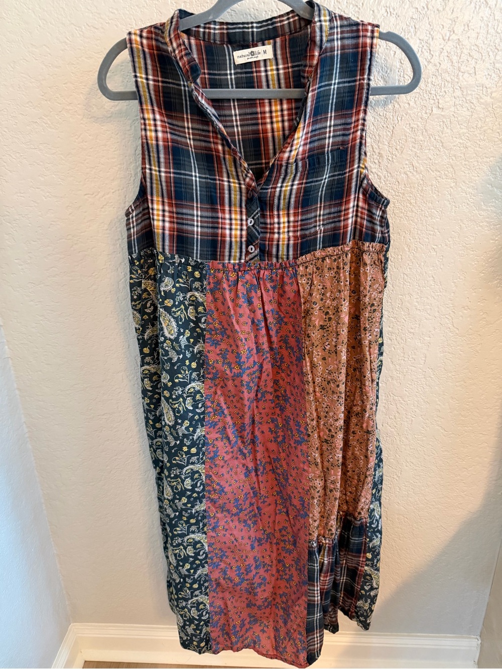 NATURAL LIFE Patchwork Midi Dress in Navy, Rust, Olive